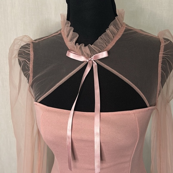 SHEIN Romantic Pink Puff Sleeve Dress – Sheer Detail & Ruffle Neckline size XS - Picture 3 of 6